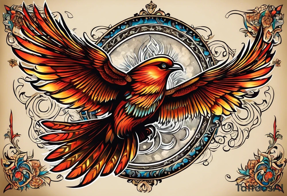 russian firebird in-flight with very long fancy tail "Isaiah 43: 18-19" tattoo idea