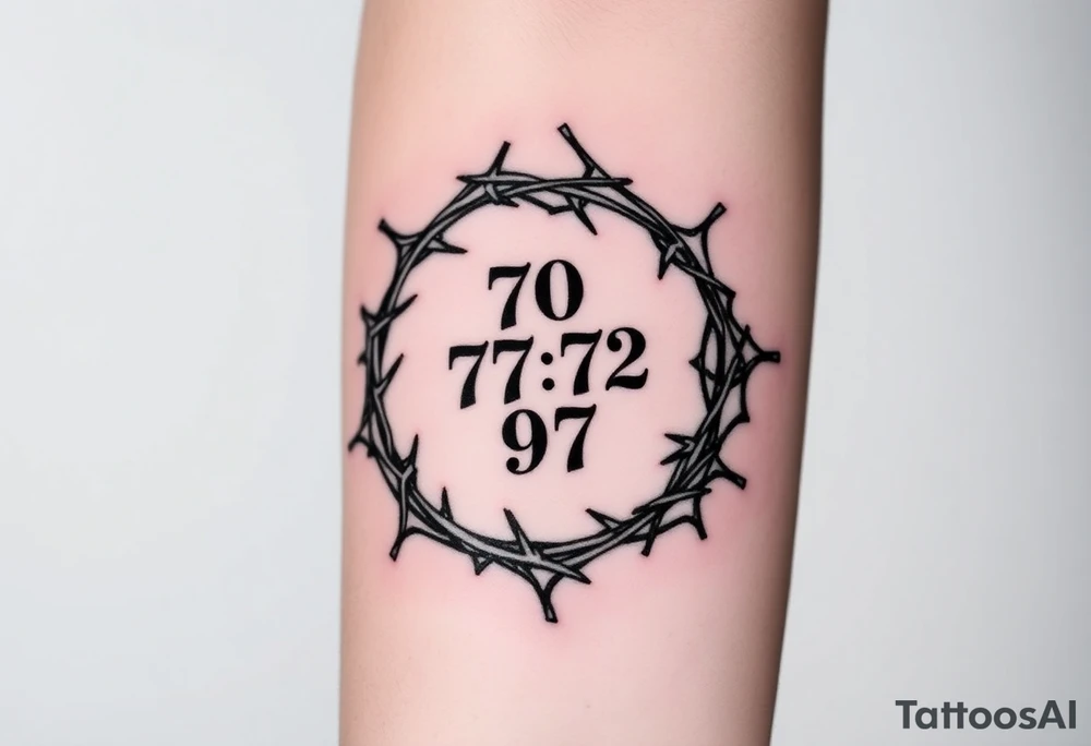 Wreath of thorns with barbed wire and in the center of the wreath in Old English numbers 70, 72, 97 tattoo idea