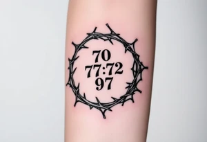 Wreath of thorns with barbed wire and in the center of the wreath in Old English numbers 70, 72, 97 tattoo idea