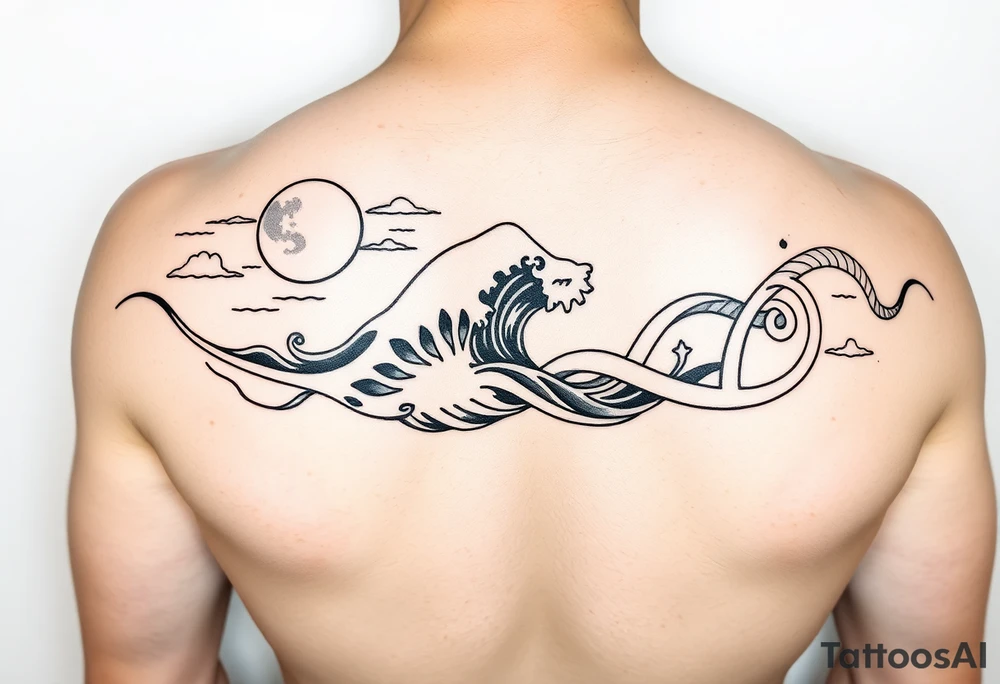 Wrap-around tattoo design, black and white, forearm placement. Continuous flowing band divided into three thematic sections that merge smoothly: sky with moon, stylized sea wave, Norse knotwork ornament. Each section wraps around the arm but transitions seamlessly into the next. Elegant, mythological marine style, line art with high contrast, stencil-ready. tattoo idea