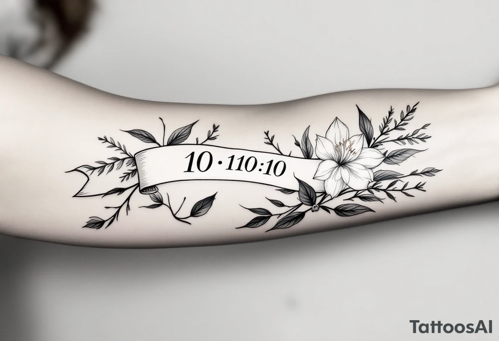 narcissus flowers and holly. starts and ends with a banner with roman numerals across tattoo idea