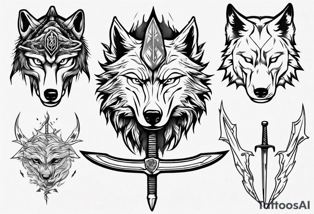 wolf head with sword in background tattoo idea