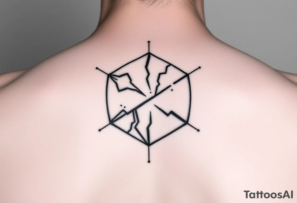An abstract masculine tattoo featuring a fragmented geometric shape, like a cracked hexagon or shield, with asymmetrical broken pieces. Sharp angular lines radiate from the fractures, symbolizing strength emerging from brokenness. A single bold diagonal stroke crosses the shape like a heartbeat line, representing persistent love and resilience. Small fine dots near the edges add subtle detail and emotional depth. The design uses clean black lines, strong contrast, and minimalist style focusing on power and complexity. tattoo idea