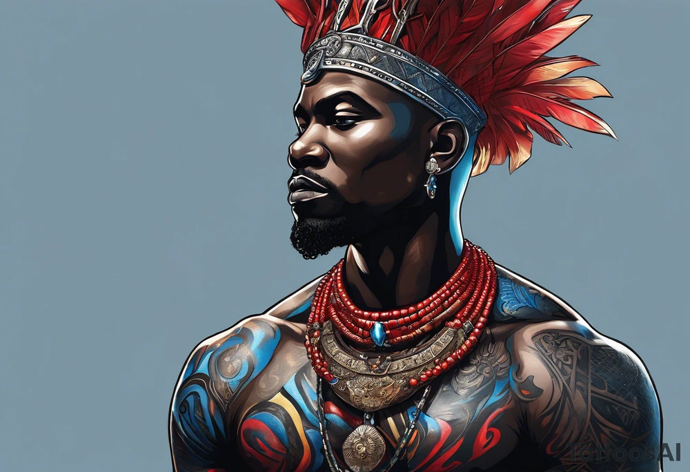 An african god, a bald black-skinned warrior, that uses a sword and a silver crown. He also uses blue and red necklaces tattoo idea