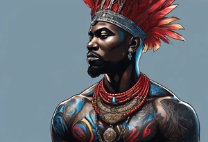 An african god, a bald black-skinned warrior, that uses a sword and a silver crown. He also uses blue and red necklaces tattoo idea