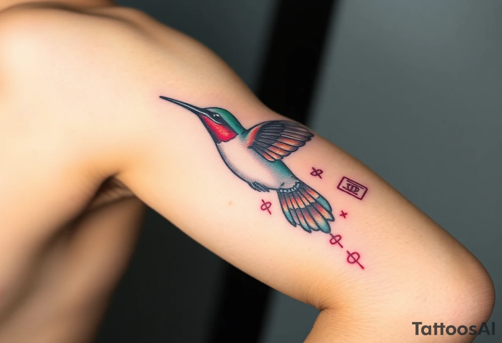 A hummingbird leaving a trail of glowing hieroglyphs as it flies(only red , blue and black are possible colors) tattoo idea