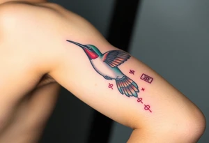 A hummingbird leaving a trail of glowing hieroglyphs as it flies(only red , blue and black are possible colors) tattoo idea