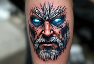 A close-up of Thor’s face from Endgame, with battle scars, glowing blue eyes, and Stormbreaker raised, in hyper-realistic shades of blue, silver, and deep red. tattoo idea