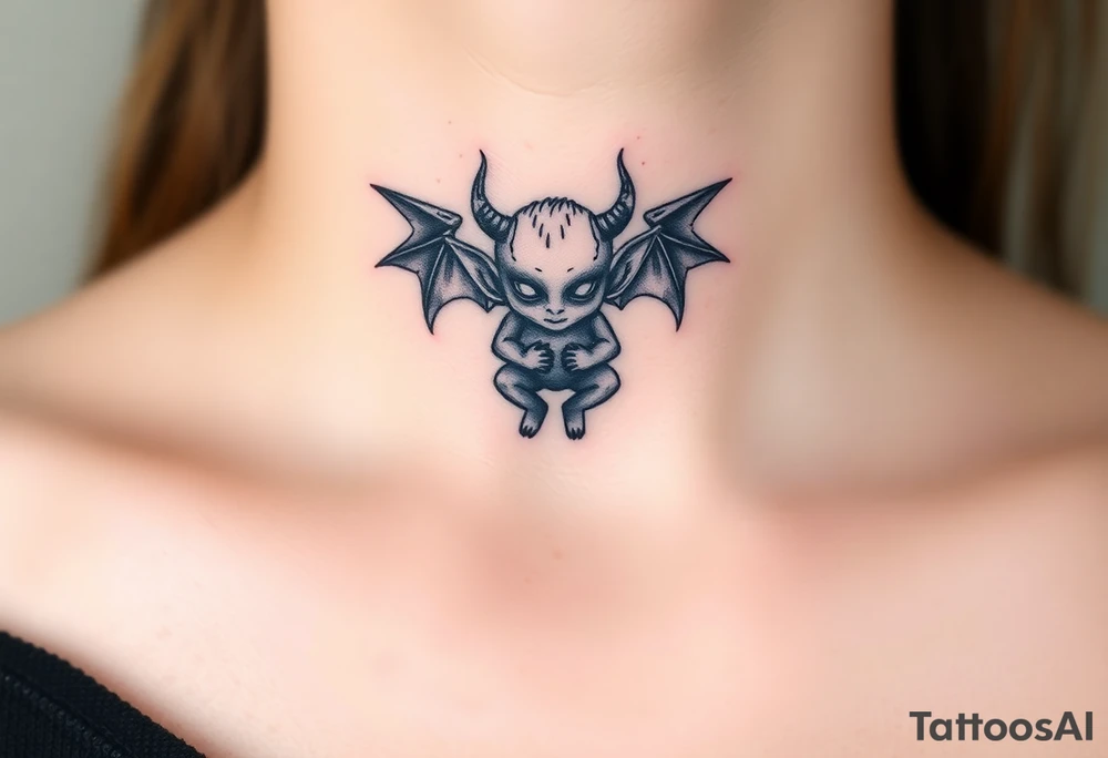 Misfit tiny goblin with wings and horns tattoo idea