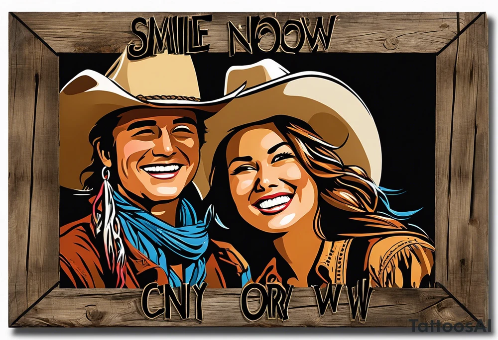 Smile now cry later to resemble cowboy/girl faces—one smiling with a cowboy hat and the other crying with a bandana or cowboy hat tilted downward? Framed with a rope or barbed wire design and include rustic lettering for the phrase “Smile Now, Cry Later,” perhaps resembling old western signage or branding irons. tattoo idea
