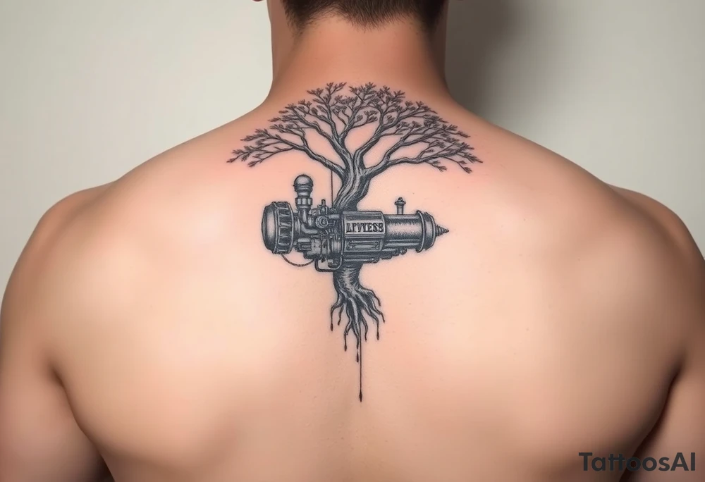 tree grown into an engine steam punk floating through the sky, machine is a home and a flying machine tattoo idea