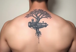 tree grown into an engine steam punk floating through the sky, machine is a home and a flying machine tattoo idea