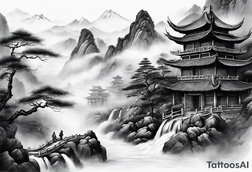 forearm sleeve traditional chinese art painting style Chinese temple two old men wearing robes and drinking tea mountains mist fog waterfall tattoo idea