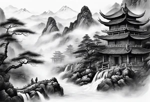 forearm sleeve traditional chinese art painting style Chinese temple two old men wearing robes and drinking tea mountains mist fog waterfall tattoo idea