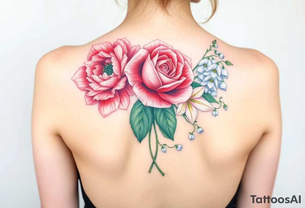 Bouquet of flowers with a carnation, rose, Lily of the valley, delphinium with stems going down Spine tattoo idea