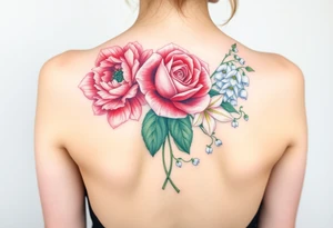 Bouquet of flowers with a carnation, rose, Lily of the valley, delphinium with stems going down Spine tattoo idea