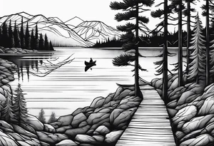 Path to lake by pine tree with canoe tattoo idea