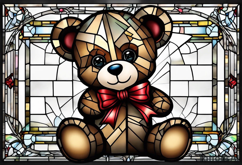 Teddy bear with gift box stained glass tattoo idea