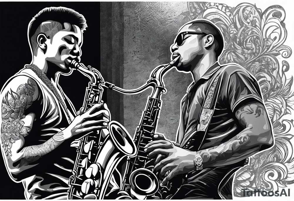 Muay Thai boxer with strong body is playing jazz on a Selmer tenor saxophone in an American jazz club front of a new orleans jazz trio band. The music notes are coming out from the saxophone and turning into buddhist symbols. tattoo idea