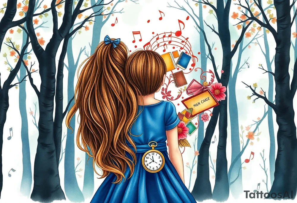 Back view of the silhouette of a brown hair girl in a blue dress inside a forest. She is following a colorful swirl of music notes, books, and flowers. A pocket watch is at the end of the swirl. tattoo idea