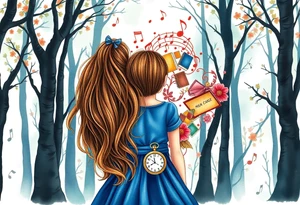 Back view of the silhouette of a brown hair girl in a blue dress inside a forest. She is following a colorful swirl of music notes, books, and flowers. A pocket watch is at the end of the swirl. tattoo idea