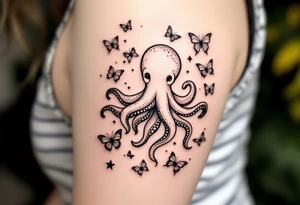 cute octopus, friendly, surrounded by butterflies and oceanic items, brown ink tattoo idea