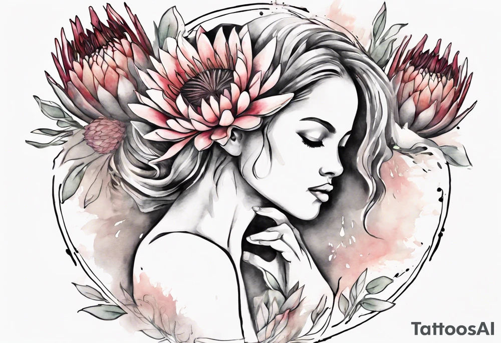 Create a very feminine tattoo of a dancing woman surrounded by protea flowers. Add the words: God is within her, she will not fall. tattoo idea