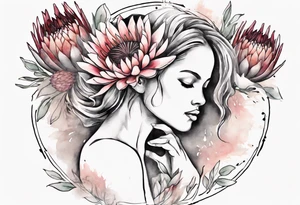 Create a very feminine tattoo of a dancing woman surrounded by protea flowers. Add the words: God is within her, she will not fall. tattoo idea