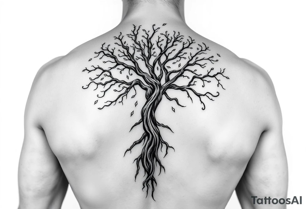 Flowing asymmetrical symbolic tree quarter sleeve. Combination of tree of Gondor and Yggdrasil. tattoo idea
