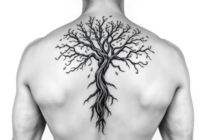 Flowing asymmetrical symbolic tree quarter sleeve. Combination of tree of Gondor and Yggdrasil. tattoo idea