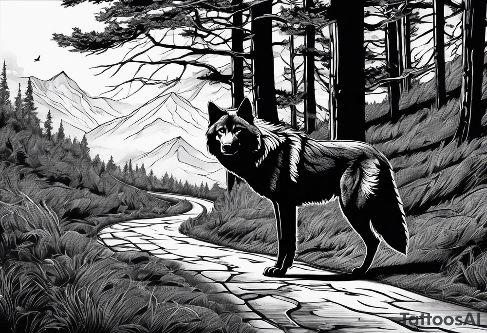 Lone wolf on a path or road. A pack of animals on the opposite end of road. tattoo idea