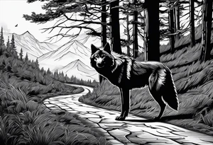 Lone wolf on a path or road. A pack of animals on the opposite end of road. tattoo idea