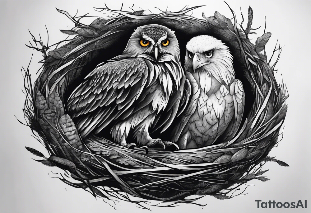 Owl, raven, eagle cuddled in a nest, looking down into the nest tattoo idea