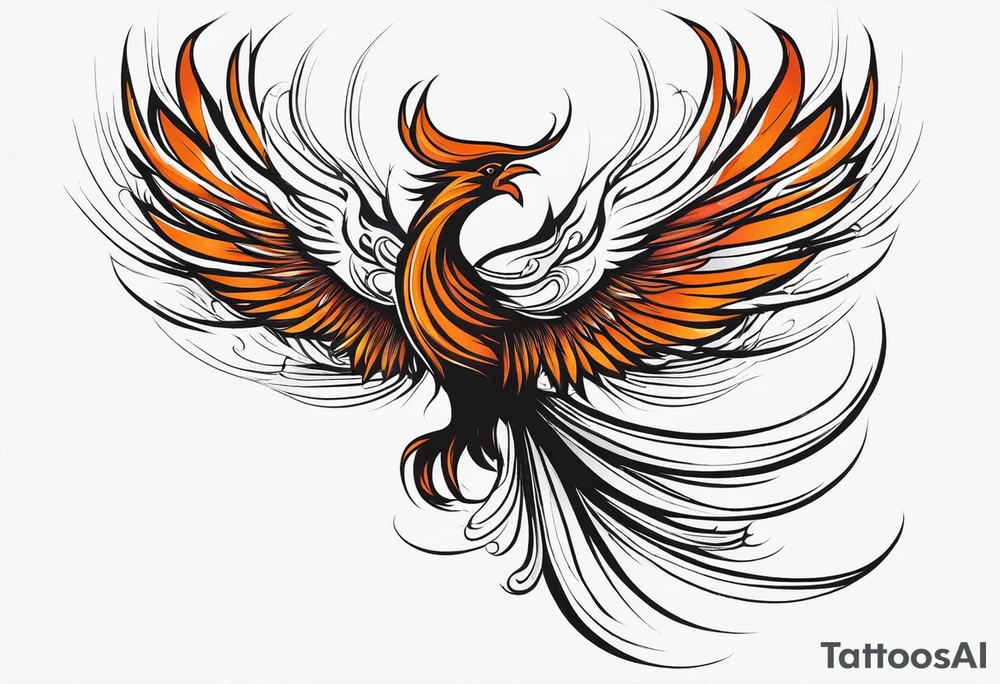 Minimalist Tattoo: A powerful, majestic phoenix, depicted mid-flight or rising, with wings extended and feathers flowing. Deep shading and intricate details to bring out the texture and motion of the feathers. Style: Minimalist. tattoo idea