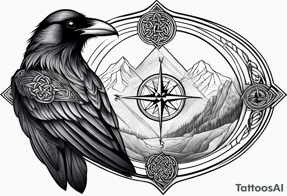 Raven head with Celtic compass and mountain on lower arm tattoo idea