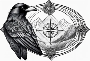 Raven head with Celtic compass and mountain on lower arm tattoo idea