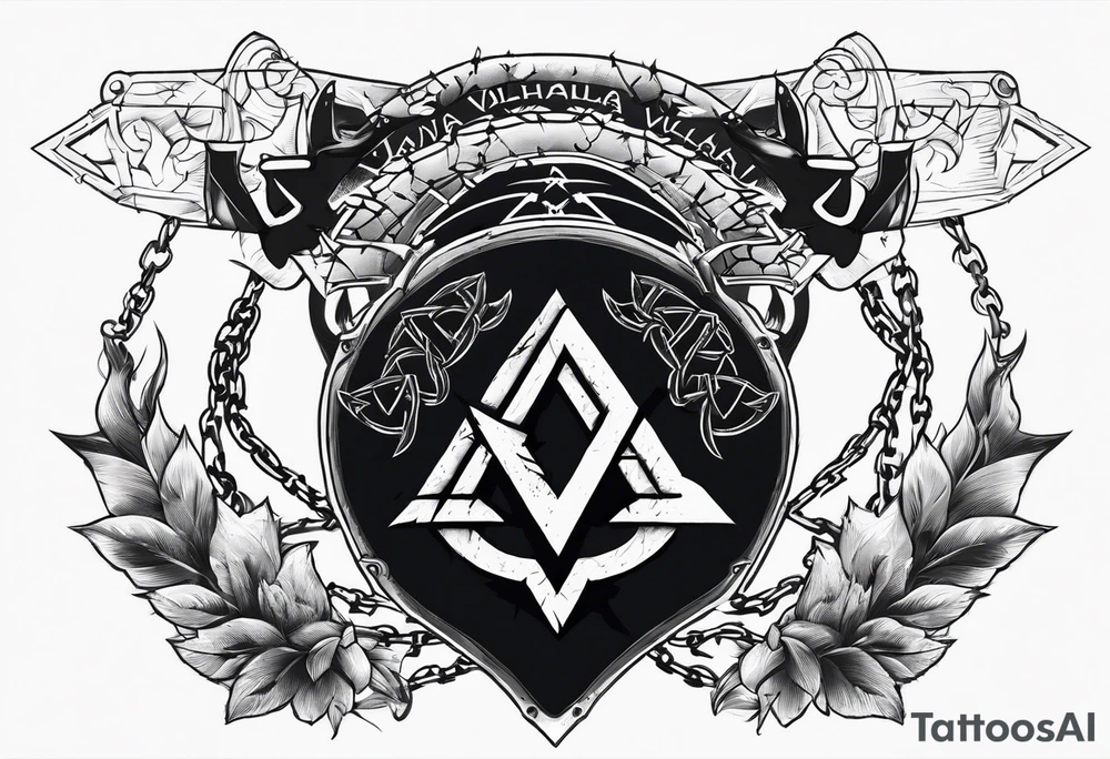 Valhalla sword round
shield axe barbed wire chains dark cloud lightning valknut tattoo idea