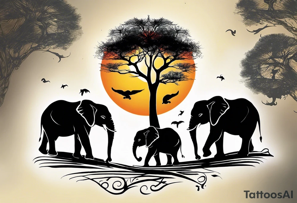 “AI, can you create a unique tattoo design for me? I envision three elephants – a small one in the front, the dad behind, and the mom behind the dad. I’d like the background to feature a rising sun and an African tree. Feel free to add your artistic touch and details to make it special.” tattoo idea