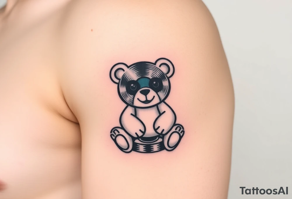 minimalist teddy bear with vinyl records as eyes smiling and sitting on a record yer tattoo idea