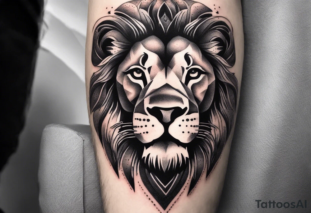 Tattoo in the shape of a lion head with a father and son in the mountains with  a waterfall and cross in the background and a sunset inside of it tattoo idea