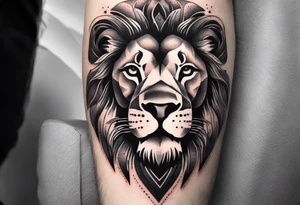 Tattoo in the shape of a lion head with a father and son in the mountains with  a waterfall and cross in the background and a sunset inside of it tattoo idea