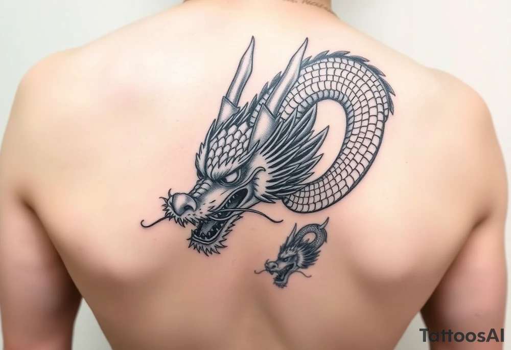 “Create a detailed black-and-gray dragon tattoo design covering the hand and forearm. The design should include intricate scales, fierce eyes, and a bold, flowing style. The dragon’s head should start at the hand, with its body coiling up the forearm. Ensure the shading is rich and dynamic, emphasizing depth and texture, with traditional Asian tattoo art influences.” tattoo idea