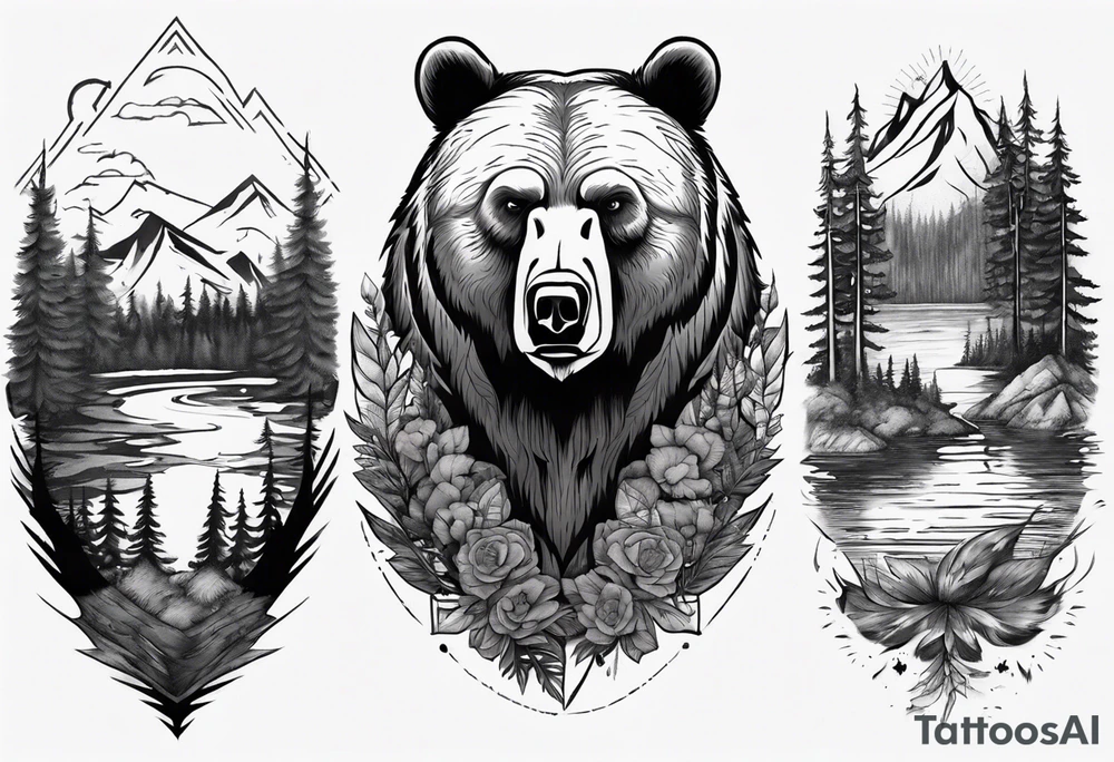 bear head right above the forest line with a lake below, full arm sleeve tattoo tattoo idea