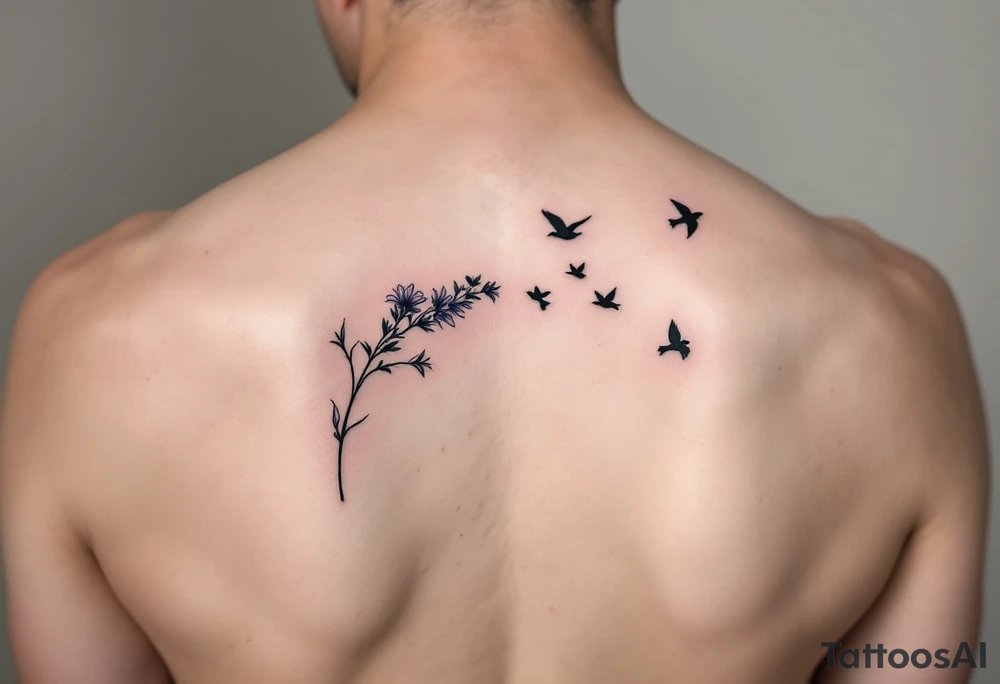 A wood violet blowing in the wind with pedals floating away turning into birds tattoo idea