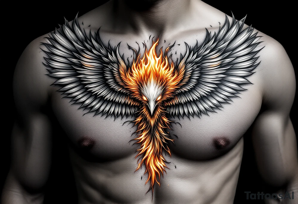Realistic and symmetrical flaming Phoenix rebirth with spread low wings surrounded by fire mapped onto chest only
Phoenix head must be in the middle of the chest, straight and symmetrical 
Fire should be surrounding spread wings
Wings should be spread down only on pectoralis major muscle towards nipples tattoo idea