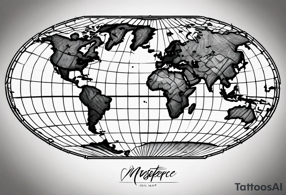 the earth on a flat map with light fading shading placed on a grid with only the lines with accurate depictions of the borders in countries while having it in an oval/circular position on a grid without any borders on the sides tattoo idea