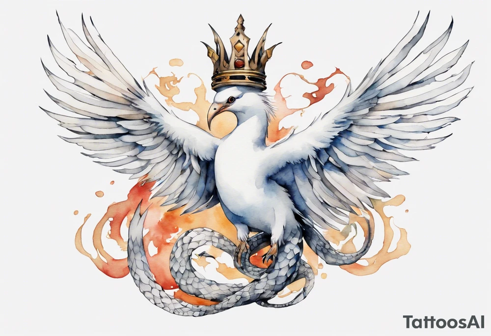 a watercolor of a white bird-serpent hybrid wearing an iron crown, flying tattoo idea