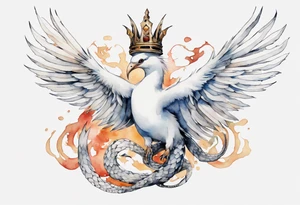 a watercolor of a white bird-serpent hybrid wearing an iron crown, flying tattoo idea