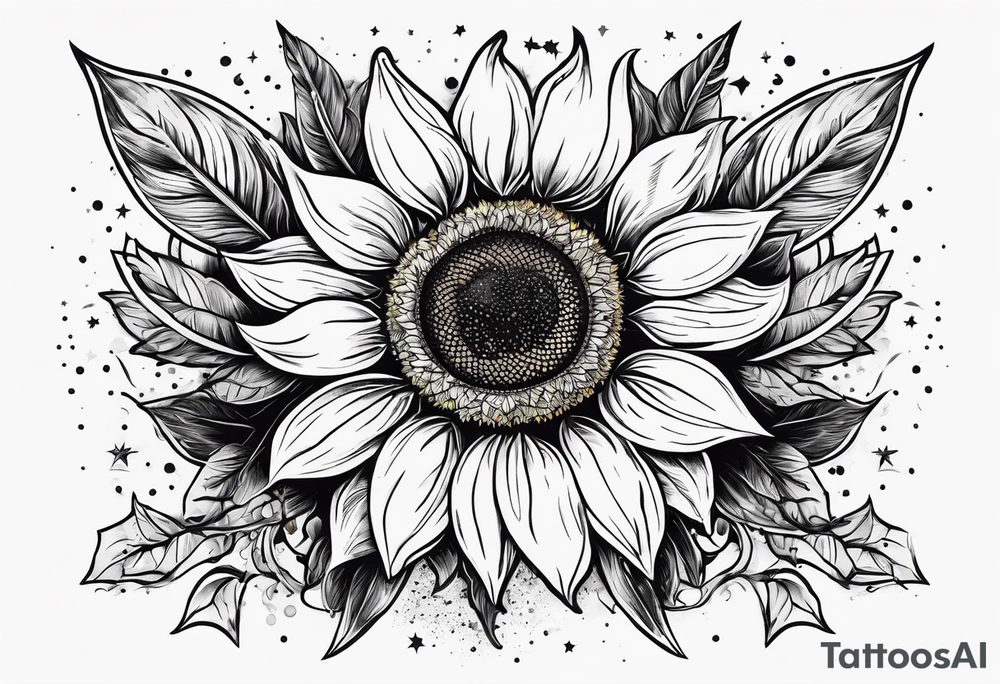 elegant tattoo with sunflower surrounded by circle of little stars and arrow tattoo idea