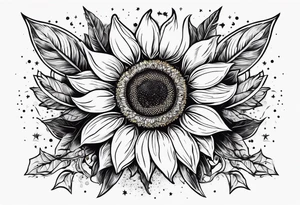 elegant tattoo with sunflower surrounded by circle of little stars and arrow tattoo idea